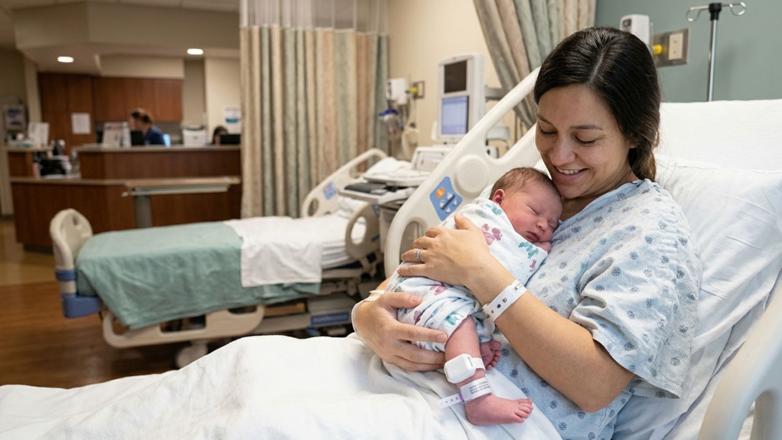 Mother holding her newborn baby in a maternity ward with a small Trackerwave BLE tag visible on the baby’s ankle