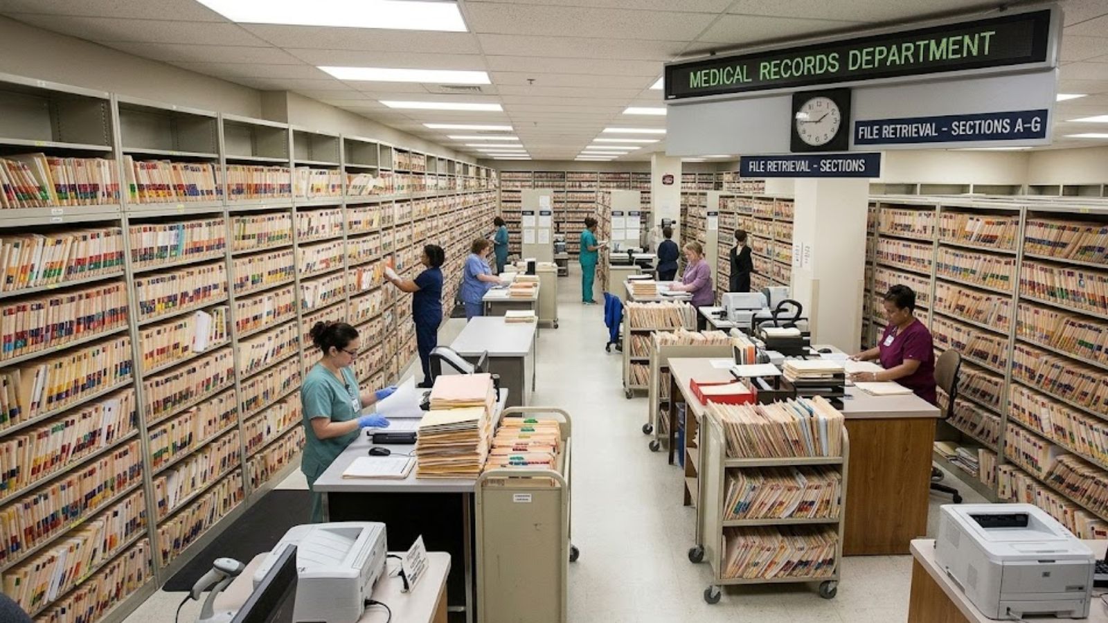 Hospital staff attaching a Trackerwave BLE tag to a patient file folder while a dashboard shows the file moving across a digital map