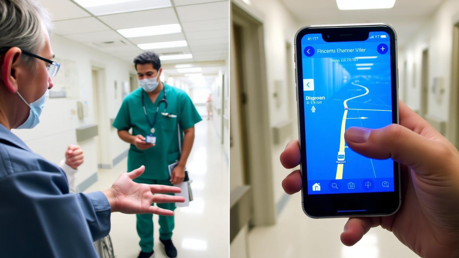 The old way vs. the Trackerwave way — interrupting a nurse vs. following an intuitive blue navigation path