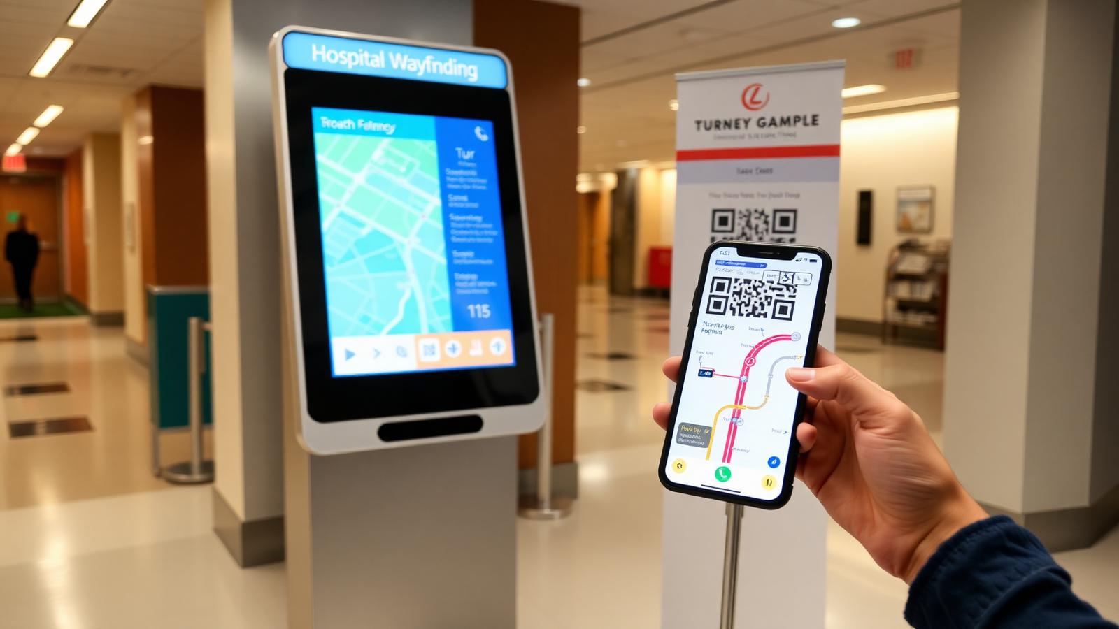 Omnichannel wayfinding: 42-inch interactive kiosk, QR-code standee and smartphone with turn-by-turn route