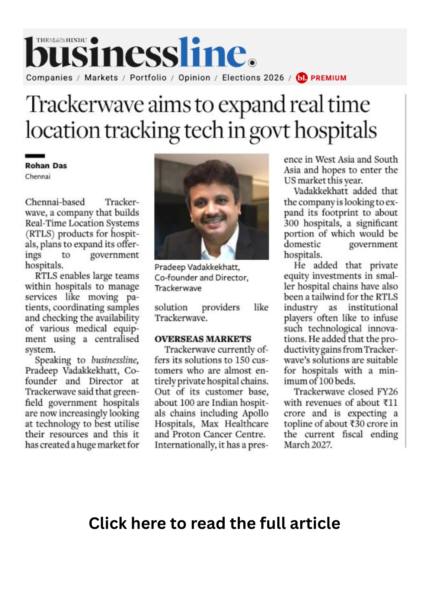The Hindu BusinessLine: Trackerwave aims to expand RTLS tech in govt hospitals